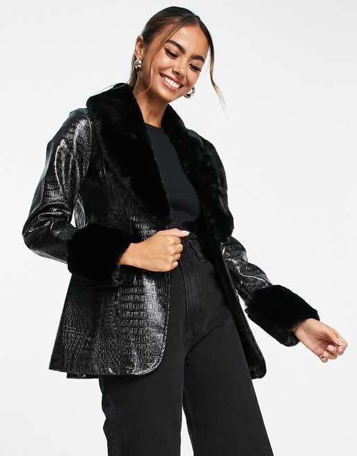 Miss Selfridge faux fur collar and cuff croc blazer in black | ASOS