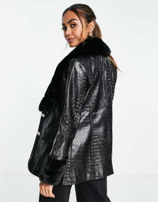 Miss Selfridge faux fur collar and cuff croc blazer in black