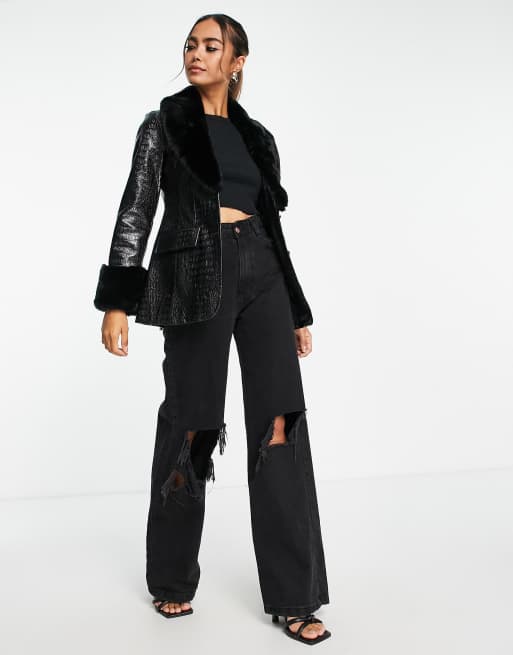 Bershka faux shearling detail cropped jacket in black vinyl with