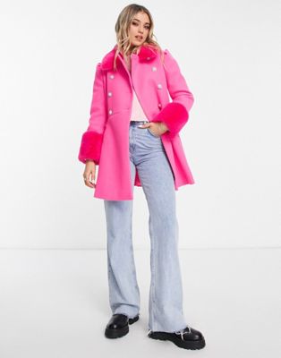 Miss Selfridge faux fur collar and cuff dolly coat in bright pink - ASOS Price Checker
