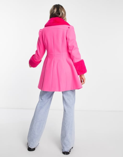 Miss Selfridge faux fur collar and cuff dolly coat in bright pink