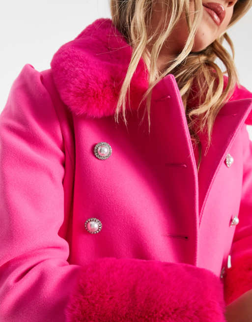 Miss Selfridge faux fur collar and cuff dolly coat in bright pink