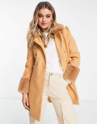 Miss Selfridge faux fur trim cuff and collar faux leather belted coat