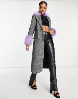 Miss Selfridge faux fur collar and shoulder herringbone longline coat | ASOS
