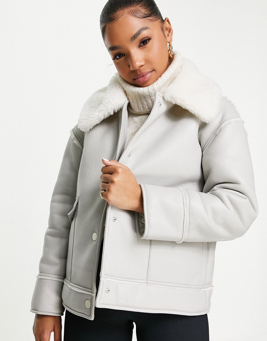 Miss Selfridge faux fur collar aviator with front pockets in gray-Grey