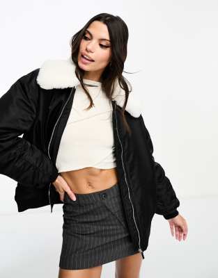 Miss Selfridge faux fur collar bomber jacket in black  - ASOS Price Checker