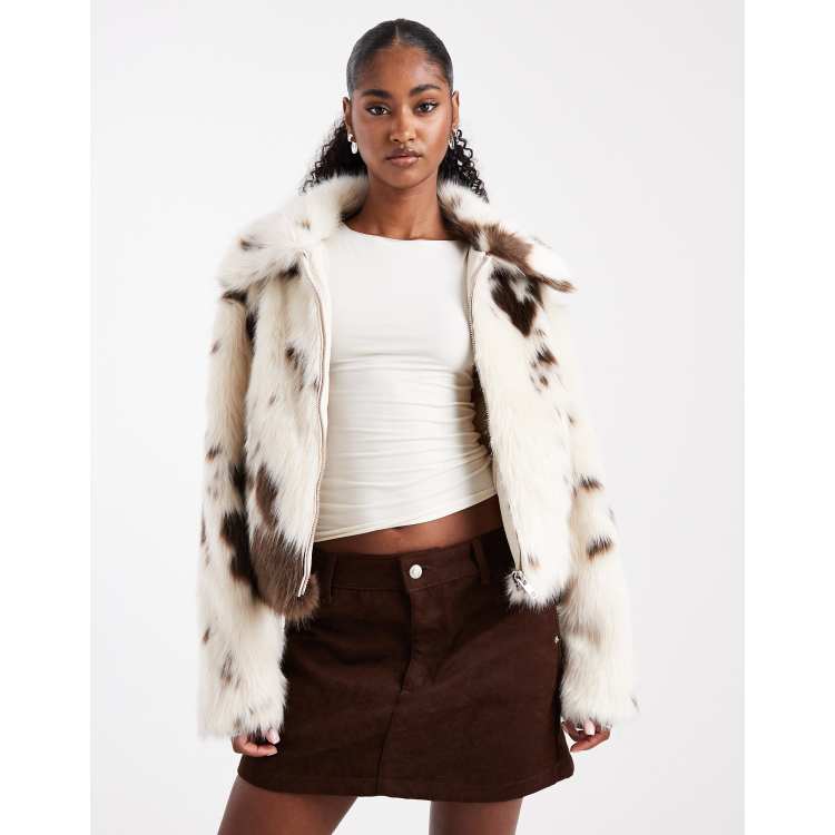 Miss Selfridge faux fur collar bomber jacket in cow print | ASOS