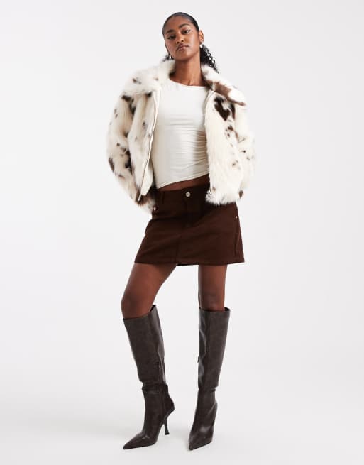 Miss Selfridge faux fur collar bomber jacket in cow print