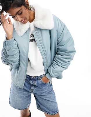 Blue bomber jacket with fur collar best sale