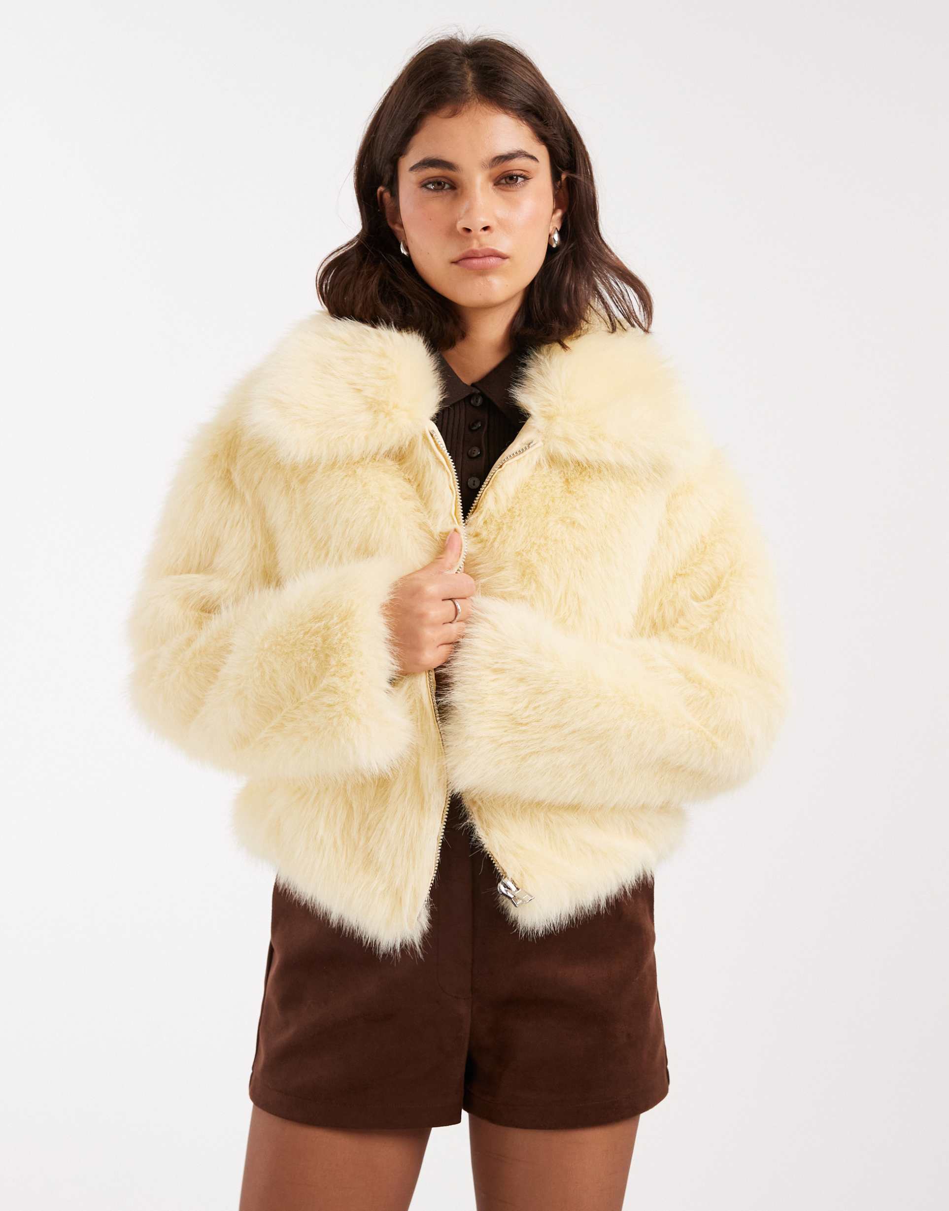miss selfridge faux fur collar detail bomber jacket in buttermilk