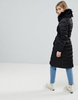 black faux fur trim hooded longline padded coat