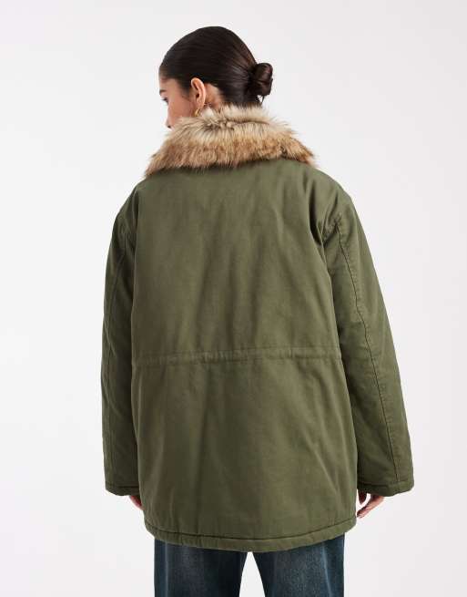 Miss Selfridge faux fur collar parka in khaki, 4 of 4