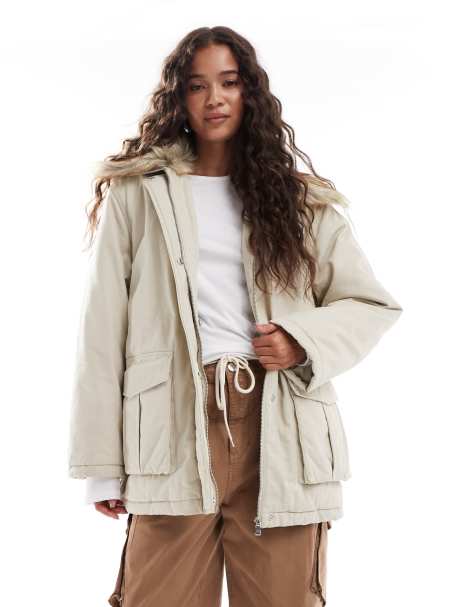 Miss Selfridge faux fur collar parka in stone - view 1