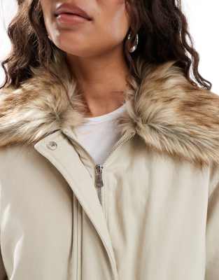 Miss Selfridge Faux Fur Collar Parka In Neutral