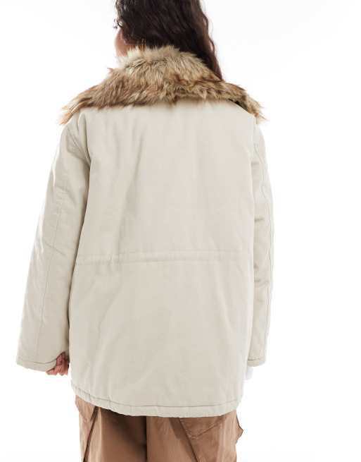 Miss Selfridge faux fur collar parka in stone, 3 of 4