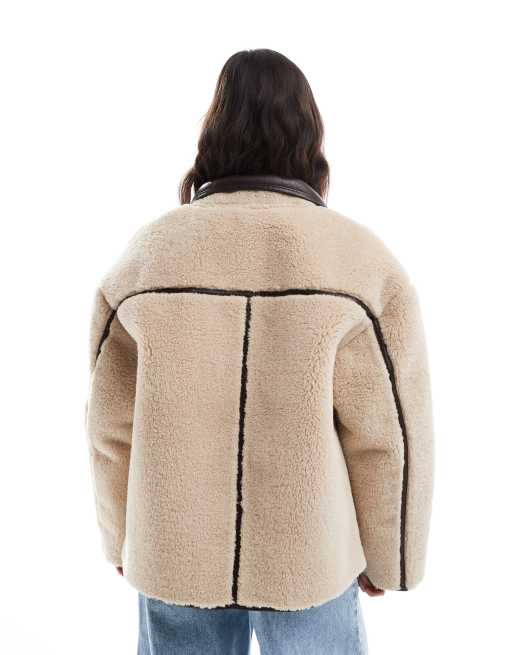 Miss Selfridge faux fur contrast jacket in cream