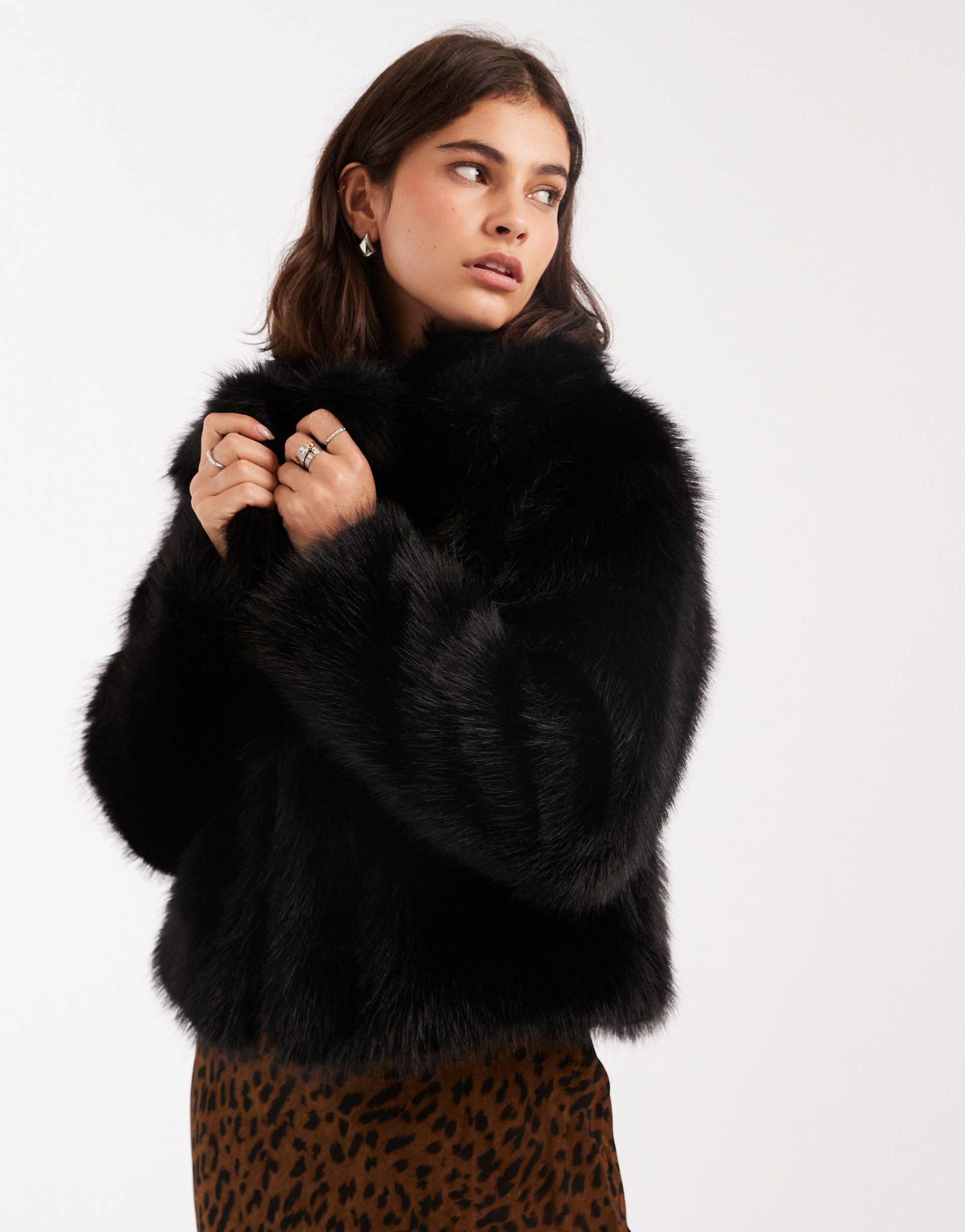 miss selfridge faux fur crop jacket in black