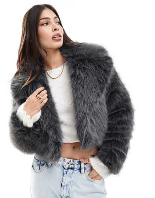 faux fur crop jacket in charcoal-Gray