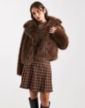 [Miss Selfridge] Miss Selfridge faux fur crop jacket in chocolate-Brown 6 Chocolate