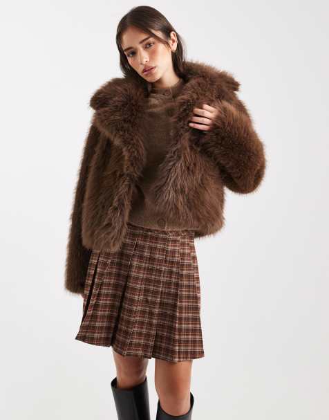 Miss Selfridge faux fur crop jacket in chocolate