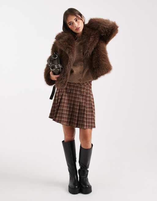 Miss Selfridge faux fur crop jacket in chocolate
