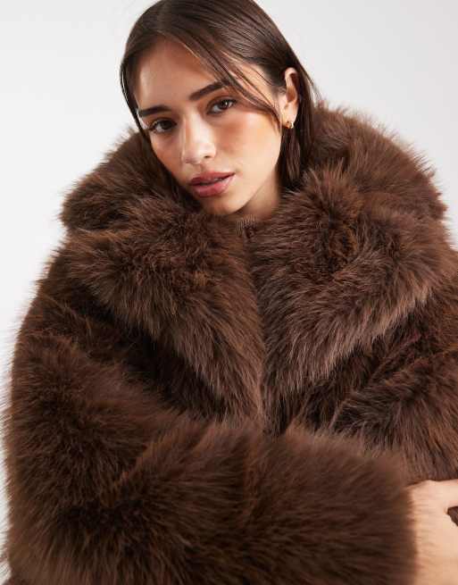 Miss Selfridge faux fur crop jacket in chocolate