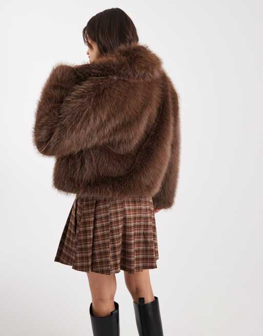 Miss Selfridge faux fur crop jacket in chocolate