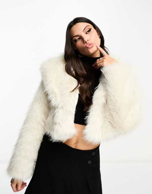 Miss Selfridge faux fur crop jacket in cream | ASOS