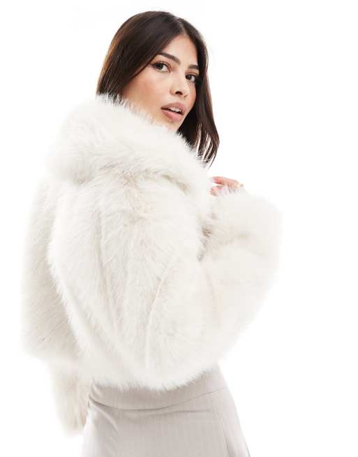 Miss Selfridge faux fur crop jacket in cream