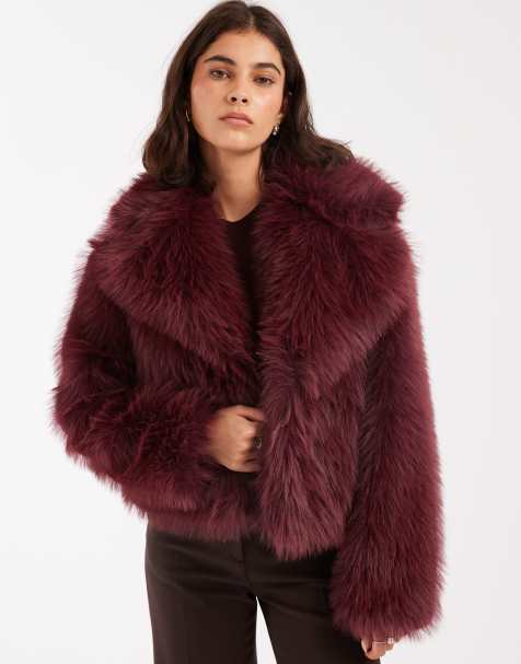 Miss Selfridge faux fur crop jacket in plum - view 1
