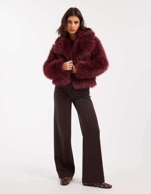 Miss Selfridge faux fur crop jacket in plum, 2 of 4