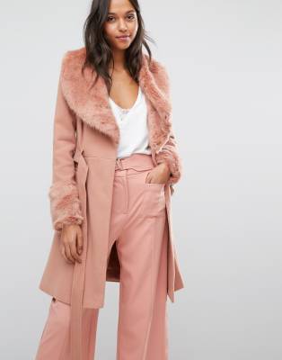 pink coat with fur trim