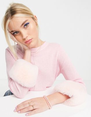 Miss Selfridge faux fur cuff knitted crop top in pink