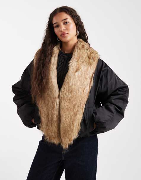 Miss Selfridge faux fur extreme collar crop puffer in black - view 1