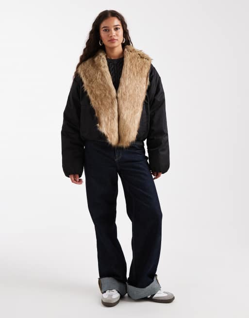 Miss Selfridge faux fur extreme collar crop puffer in black