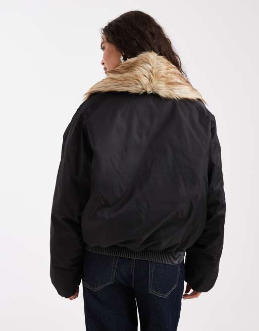 Miss Selfridge faux fur extreme collar crop puffer in black