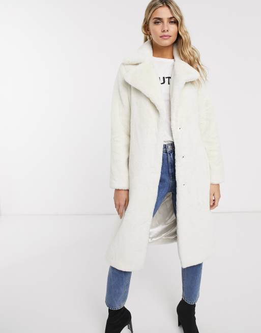 Miss Selfridge faux fur maxi coat in cream ASOS