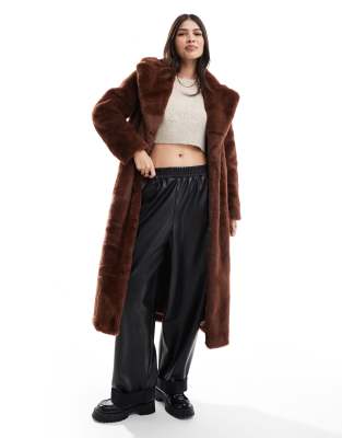 faux fur maxi coat in rich chocolate brown