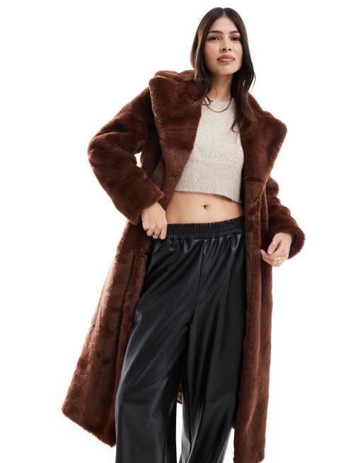 Miss Selfridge faux fur maxi coat in rich chocolate brown
