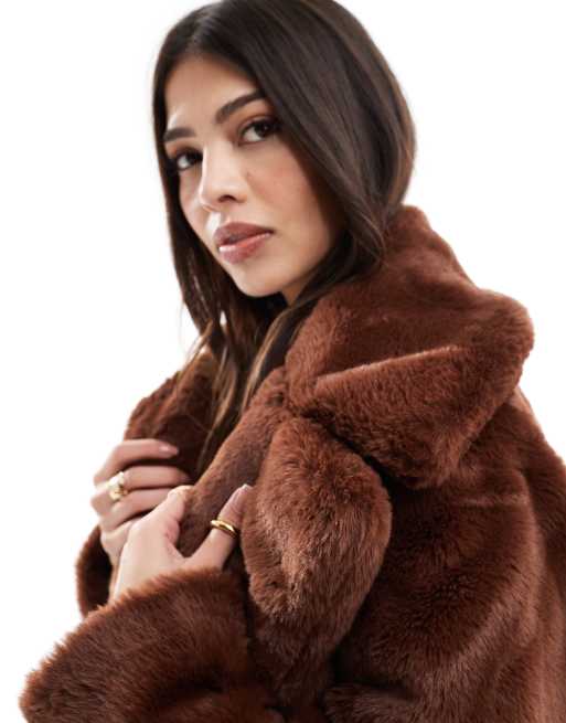 Miss Selfridge faux fur maxi coat in rich chocolate brown
