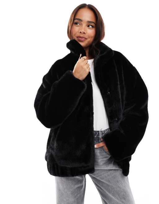 Miss Selfridge faux fur oversized bomber jacket in black | ASOS