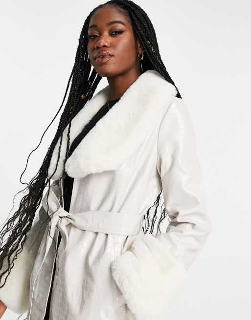 Faux fur outlet collar belted coat