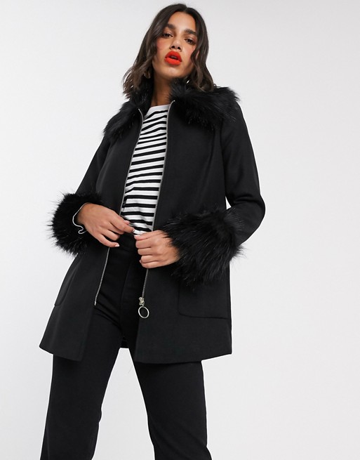 Miss Selfridge faux fur trim duffle coat in black