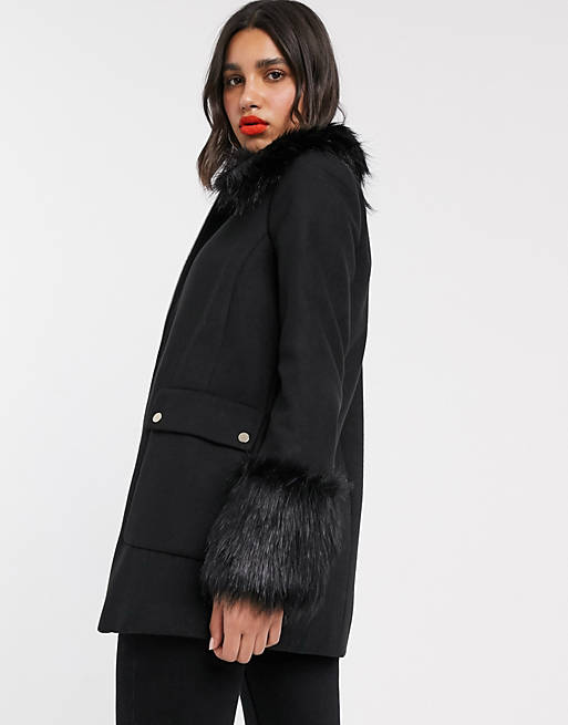 Miss Selfridge Faux Fur Trim Duffle, Miss Selfridge Faux Fur Trim Duffle Coat In Black