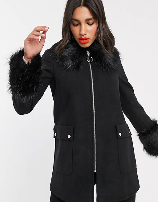 Miss Selfridge Faux Fur Trim Duffle, Miss Selfridge Faux Fur Trim Duffle Coat In Black