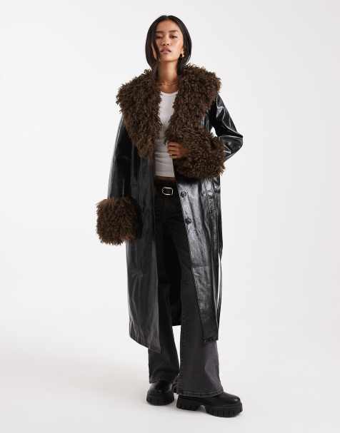 Miss Selfridge faux fur trim vinyl trench coat in black - view 1