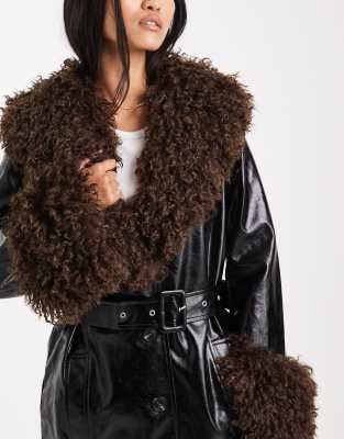 Miss Selfridge Faux Fur Trim Vinyl Trench Coat In Black