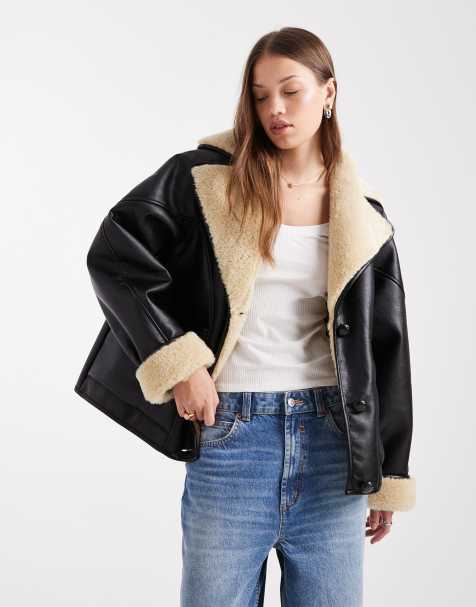 Miss Selfridge faux leather and faux fur oversized jacket in black - view 1