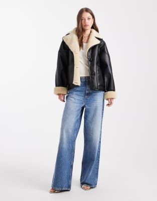 Miss Selfridge Faux Leather And Faux Fur Oversized Jacket In Black