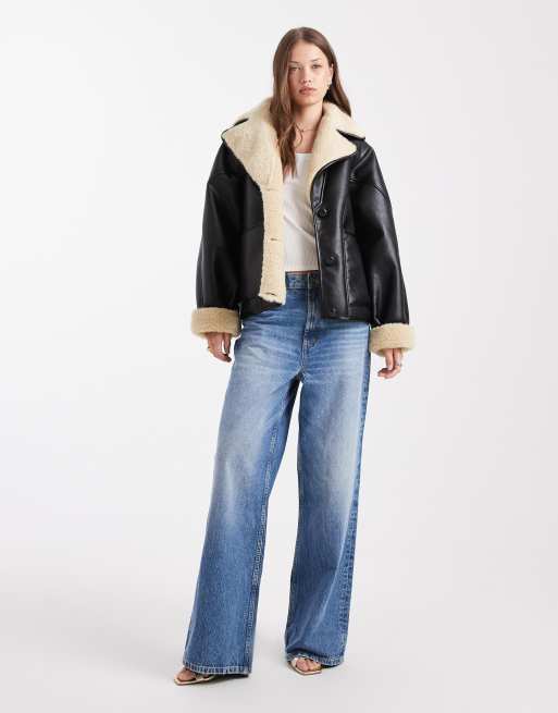 Miss Selfridge faux leather and faux fur oversized jacket in black, 2 of 4